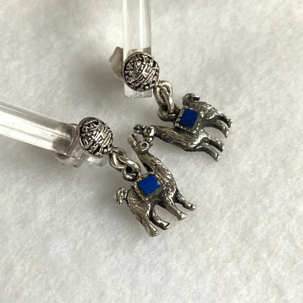 Sterling Silver 925 Southwest Style Llama Alpaca Lapis Dangle Drop Earrings
